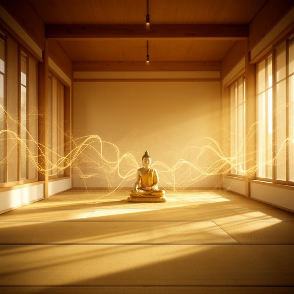 Sunlit meditation hall with glowing neural light patterns